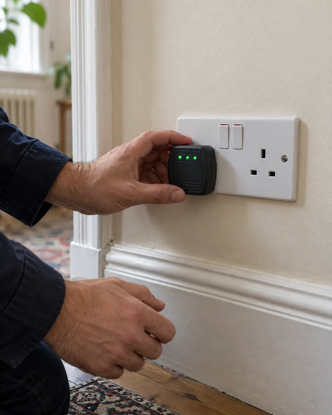 A socket tester showing three green lights in a double socket
